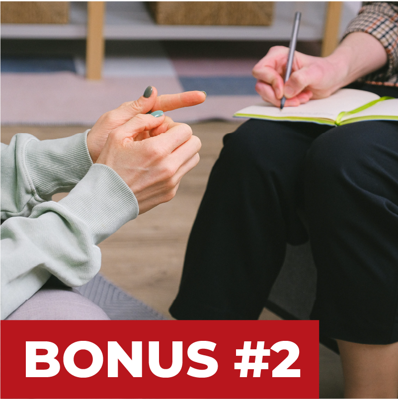 A woman writing on a notepad with another holding her hands in a pose that looks questioning. On the bottom left on a red background with white text, there is text that says "Bonus #2" as a Q&A session is a bonus in the Big 6 Program hosted by the Transition Strategists.