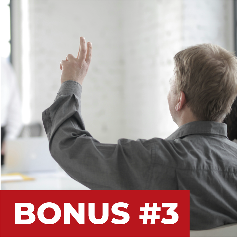 A man, raising his hand to ask a question. On the bottom left on a red background with white text, there is text that says "Bonus #3" as a Q&A session with Elizabeth Ledoux is a bonus in the Big 6 Program hosted by the Transition Strategists.